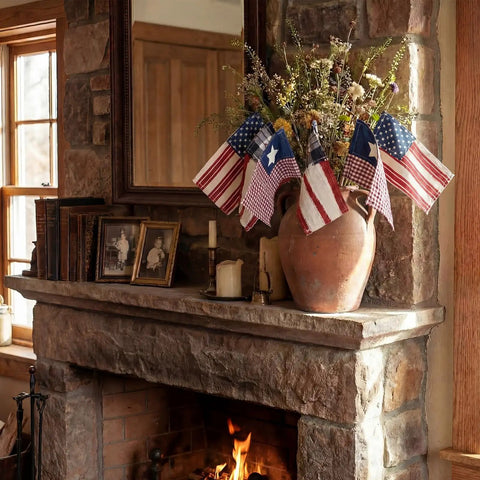 Six Pack 4x6 Inch Fabric Mini Flags On Sticks For 4th Of July Home Decor And Independence Day Parties in a rustic vase on a mantelpiece
