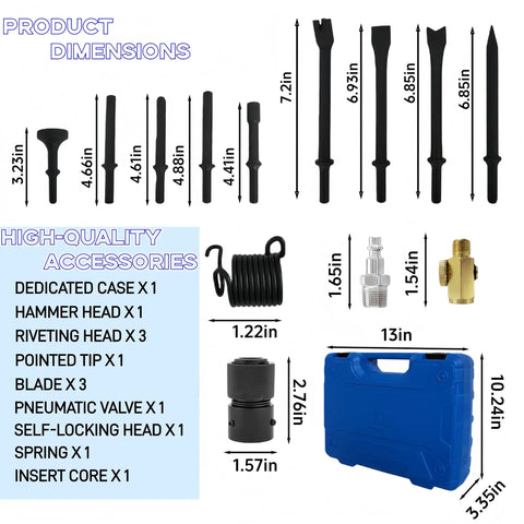 Beast Mode Heavy Duty Air Hammer Kit With 13 Attachments for auto body repair, including accessories and tool dimensions shown.