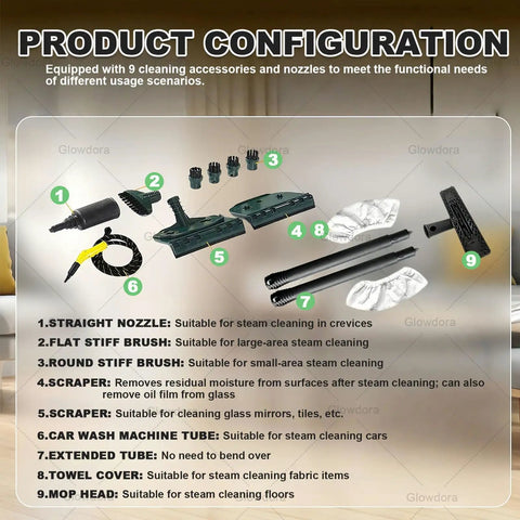 Product configuration image showing 9 accessories for the 3000W High-Pressure Steam Cleaner With Large 3.5L Tank.