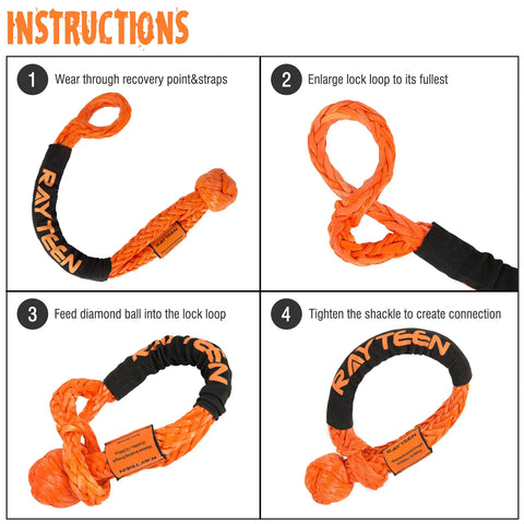 Instructions for using Heavy Duty Orange Uhmwpe Soft Shackle Half Inch X 22.83 Inch Reinforced Sleeve High Strength Tow Strap.