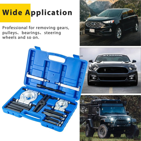 Heavy Duty 5 Ton Bearing Puller Set, 14 Piece Separator Kit With 2 Inch And 3 Inch Bearing Splitters, shown in blue case with cars