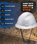 Full Brim Hard Hat For Construction Crew, Lightweight HDPE With Padded Interior, Grey Carbon Fiber Gloss Finish displayed on construction site background