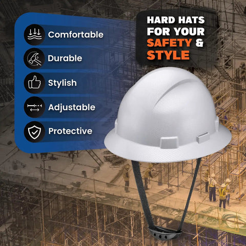 Full Brim Hard Hat For Construction Crew, Lightweight HDPE With Padded Interior, Grey Carbon Fiber Gloss Finish displayed on construction site background
