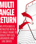 Multi Angle Baseball Pitch Return Net With Integrated Strike Zone 55 By 36 Inch Frame Practice Pop Flies Grounders And Line Drives Without A Catcher Improve Accuracy And Power For Backyard Training with arrows showing ball trajectory