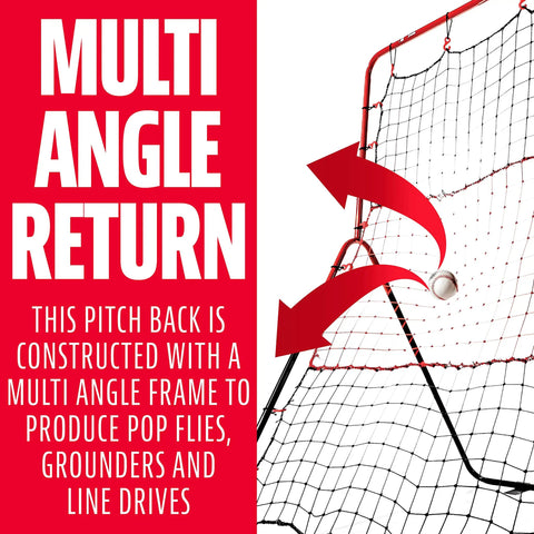 Multi Angle Baseball Pitch Return Net With Integrated Strike Zone 55 By 36 Inch Frame Practice Pop Flies Grounders And Line Drives Without A Catcher Improve Accuracy And Power For Backyard Training with arrows showing ball trajectory