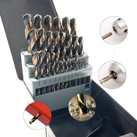 29 Piece Cobalt Drill Bit Set With 135 Degree Split Point, High Speed Steel, Black And Gold Finish, Indexed Case Open View