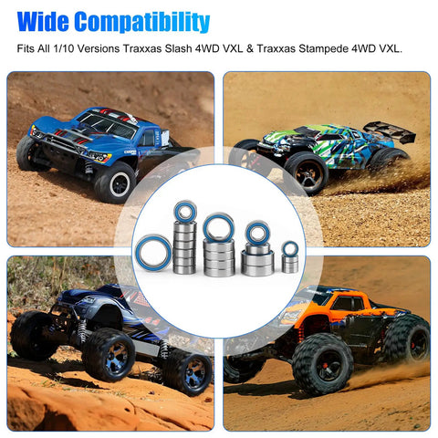 21Pcs RC Bearing Kit Steel Sealed Ball Bearings for 1x10 Traxxas Slash Stampede 4x4 4WD VXL shown with cars on dirt track