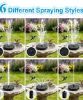 Floating Solar Fountain With 3.5W Panel Six Spray Nozzles And Four Fixed Rods Auto On In Direct Sunlight No Power Cord Needed Easy Setup For Bird Bath Pond Garden Or Pool Outdoor Decor shown with different spray styles on a bird bath