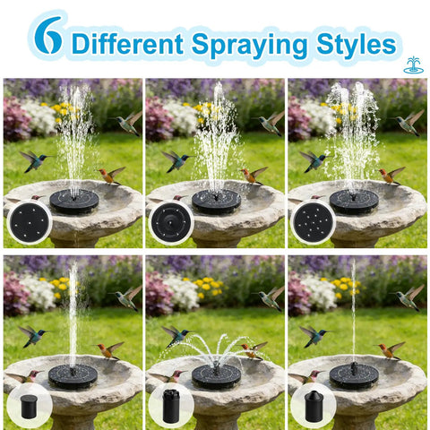 Floating Solar Fountain With 3.5W Panel Six Spray Nozzles And Four Fixed Rods Auto On In Direct Sunlight No Power Cord Needed Easy Setup For Bird Bath Pond Garden Or Pool Outdoor Decor shown with different spray styles on a bird bath