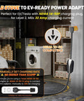 EV garage with 32Amp 220V Level 2 EV Charger Adapter From NEMA 10-50P To 14-50R plugging into old stove outlet