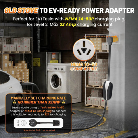 EV garage with 32Amp 220V Level 2 EV Charger Adapter From NEMA 10-50P To 14-50R plugging into old stove outlet
