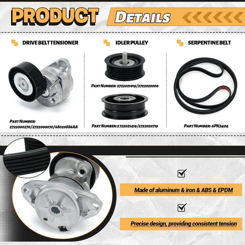 Product image showing Mercedes-Benz Serpentine Belt Kit with drive belt tensioner, idler pulley, and serpentine belt 6PK2404.