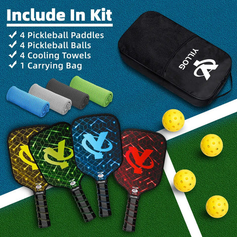 USAPA Approved Fiberglass Surface Pickleball Paddle Set For Men And Women, Includes 4 Paddles, 4 Official Balls, 4 Cooling Towels And Durable Bag