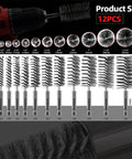 12 Piece Stainless Steel Bore Brush Set For Drill With 1/4 Inch Hex Shank, showing varied sizes for bore cleaning and deburring