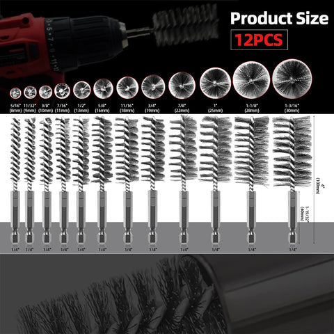 12 Piece Stainless Steel Bore Brush Set For Drill With 1/4 Inch Hex Shank, showing varied sizes for bore cleaning and deburring