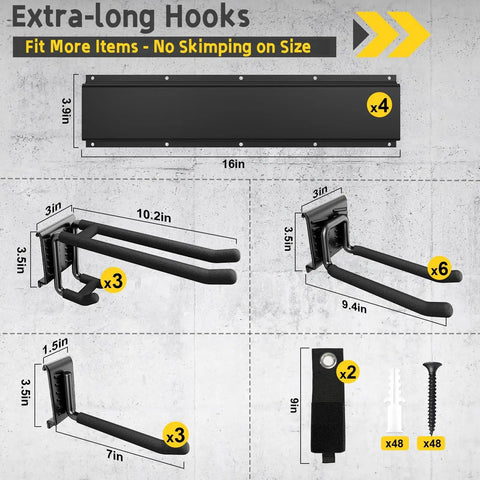 Dimensions and components of 64 Inch Garage Wall Tool Organizer With 900 Lb Heavy Duty Steel Rack 12 Longer And Thicker Hooks Plus 2 Straps
