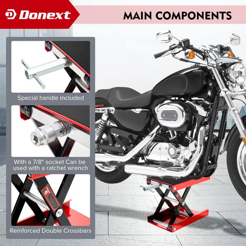 Motorcycle on Beefy Heavy Duty Motorcycle Lift Scissor Jack 1200 Lb Capacity With Wide 9.06 By 14.57 Inch Deck in garage