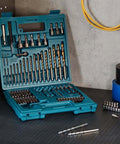 Makita 75-piece metric drill and screw bit set in teal carrying case with organized bits