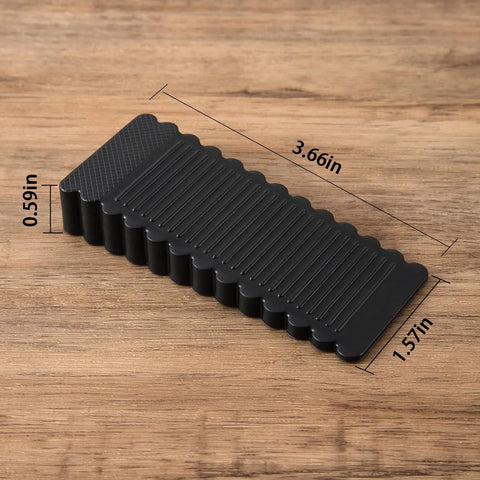 Rock Solid Black Rubber Wedge Shims For Furniture Leveling 3.66x1.57in anti-slip wedge pads on wood surface.