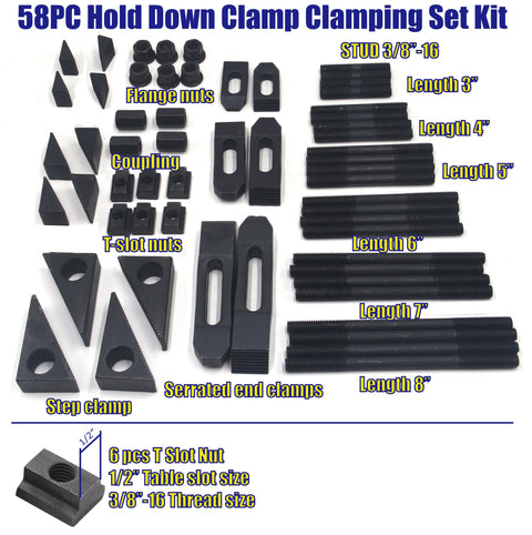 58PC Hold Down Clamp Clamping Complete Set Kit For Bridgeport Mill Machine Featuring Durable Tool Steel Construction with various components