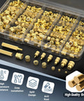 Pro Grade Heat Set Insert Tool Kit With 415Pcs Brass Threaded Inserts displayed in a clear case with labeled features.