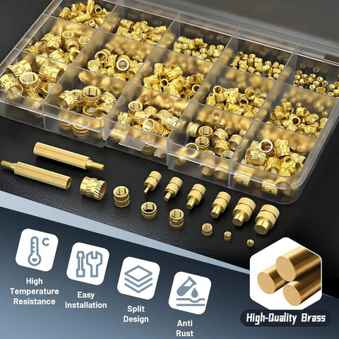 Pro Grade Heat Set Insert Tool Kit With 415Pcs Brass Threaded Inserts displayed in a clear case with labeled features.