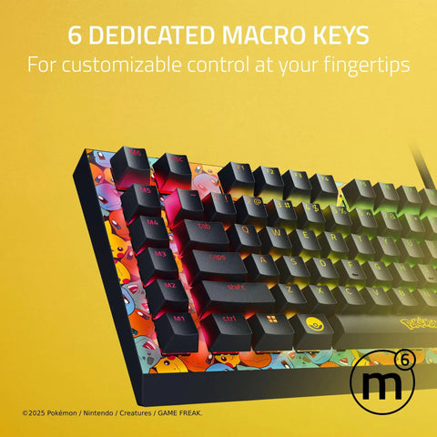 Next Level Gaming Setup Essential With Hella Tactile Green Mechanical Switches Featuring Officially Licensed Pokemon Graphics showing 6 dedicated macro keys for customizable control.