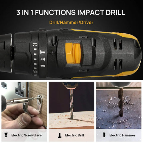 Close-up of Beast Cordless Hammer Drill Kit 12V with 3-in-1 functions showing drill, screwdriver, and hammer modes in use