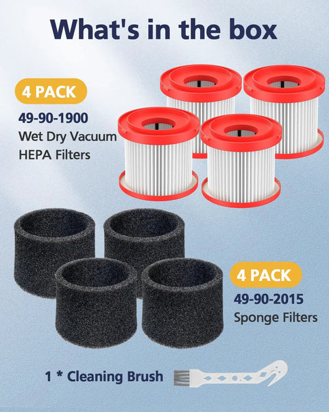 4 Pack 49-90-1900 HEPA Vacuum Filter Replacements For M18 And M12 Cordless Wet Dry Vacuums Fits 0880-20 0960-20 0960-21 0970