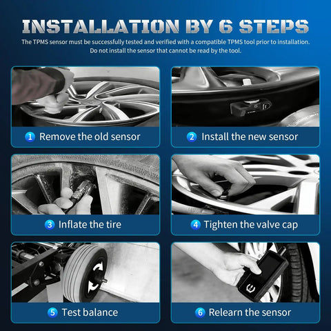 Heavy Duty TPMS Tire Pressure Sensor Replacement Direct Fit For 433 MHz Systems installation steps showing sensor removal and tire inflation.