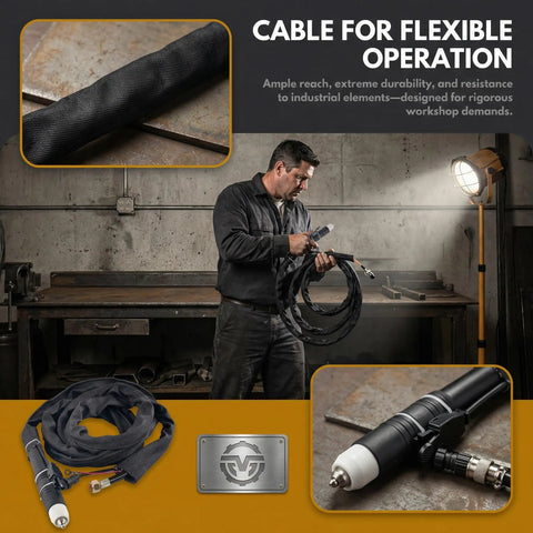 Man holding Pilot Arc Plasma Cutter Torch With No Touch Cutting For Painted And Rusty Surfaces Minimal Slag And Longer Consumable Life 3M 10ft Cable Straight Head Gun Compatible With Cut50P PLC55P PLC60P PLC65P CT418P