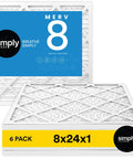 8x24x1 pleated air filter MERV 8 with blue packaging design displaying product details.