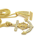 Dope Iced Out Sailboat Yacht And Anchor Pendant Necklace Set In Gold Tone With Two Necklace Set And Layered Chains Including 20 Inch Box Chain And 24 Inch Cuban Chain Plus 30 Inch Long Option For Maximum Bling showing close-up of anchor and sailboat pendants