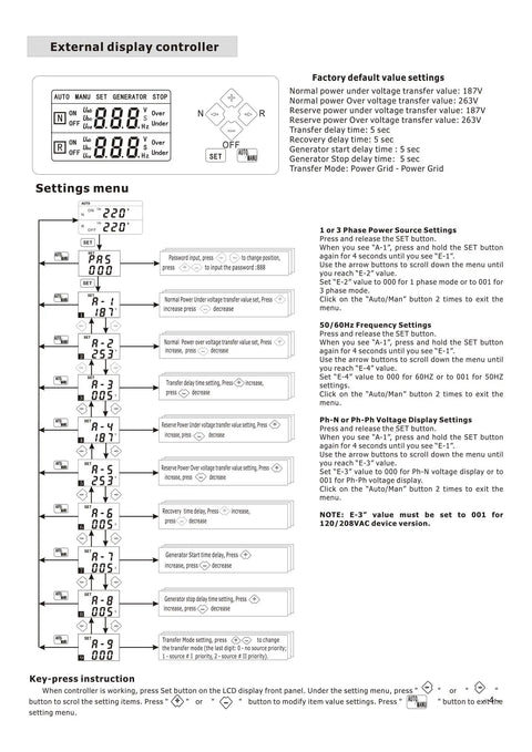 Settings menu of Automatic Transfer Switch 125 Amp 120 208 Volt 50 60 Hz with low noise smooth motor drive and seamless power switchover