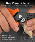 7.5 Inch Braid Scissors And Pliers Set For Saltwater Fishing Line Cutter in use with orange grip on fishing line