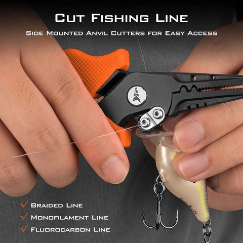 7.5 Inch Braid Scissors And Pliers Set For Saltwater Fishing Line Cutter in use with orange grip on fishing line
