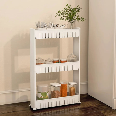 Three Tier Rolling Cart For Narrow Spaces With Slide Out Shelves Space Saving Kitchen And Bathroom Organizer Mobile Laundry And Pantry Storage Cart For Small Homes Five Inch Wide Slim Shelf Cart with jars