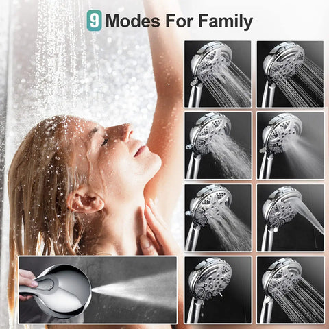 High Pressure 9 Settings Detachable Power Wash Handheld Showerhead With Extra Long Hose Chrome Finish display and use