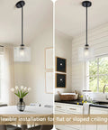 BOKUNOFU Glass Pendant Light Kitchen Island, Modern Black Pendant Light with Hammered Glass Shade, adjustable hanging light in a kitchen setting.