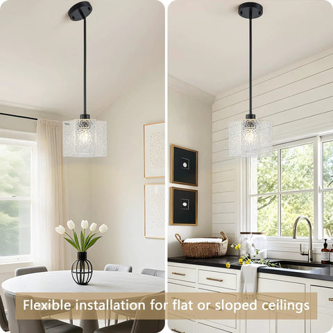 BOKUNOFU Glass Pendant Light Kitchen Island, Modern Black Pendant Light with Hammered Glass Shade, adjustable hanging light in a kitchen setting.