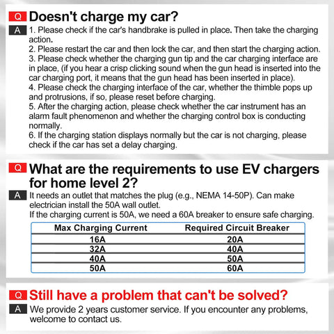 Troubleshooting and setup guide for Go To Level 2 EV Charger For All North American EVs with FAQ and circuit requirements.