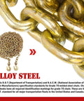 Close-up of Grade 70 3/8 Inch By 20 Foot Transport Chain With Clevis Grab Hooks, yellow zinc plated, showing alloy steel material.