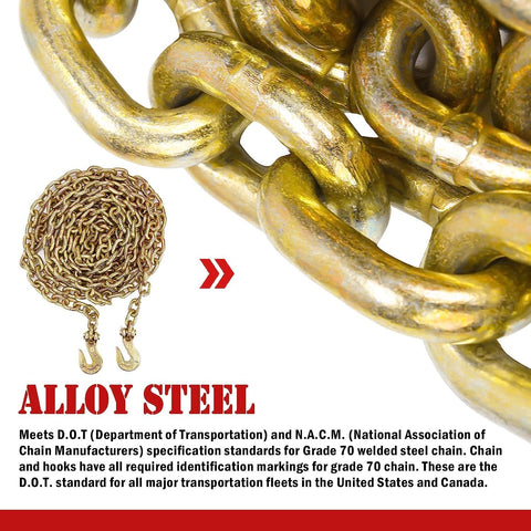 Close-up of Grade 70 3/8 Inch By 20 Foot Transport Chain With Clevis Grab Hooks, yellow zinc plated, showing alloy steel material.
