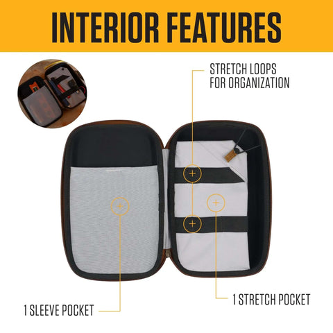 Heavy Duty Utility Tool Organizer With Hard Shell Protection Flexible Brown Case For Cables Power Banks Earbuds And Small Workshop Gear interior compartments with sleeve and stretch pockets.