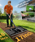 Man using 6 Foot Lawn Leveling Rake with 17 by 10 Inch Head for smooth grass soil in garden, showing dimensions and uses.