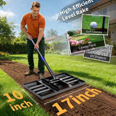 Man using 6 Foot Lawn Leveling Rake with 17 by 10 Inch Head for smooth grass soil in garden, showing dimensions and uses.
