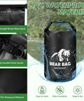 Waterproof 10L Bear Bag Hanging Kit with heavy duty nylon band, plastic buckle, and 500D PVC material, ideal for outdoor adventures.
