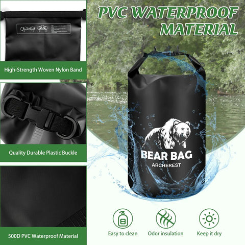 Waterproof 10L Bear Bag Hanging Kit with heavy duty nylon band, plastic buckle, and 500D PVC material, ideal for outdoor adventures.