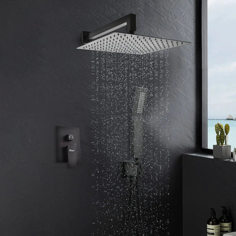 Matte Black Shower System With 12 Inch Rain Head And Handheld Spray Bathroom Shower Fixtures Combo With Brass Valve And Trim Kit