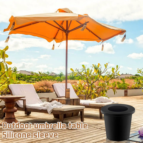 Three Piece Patio Table Umbrella Hole Ring Insert And Cone Wedge Kit For 2.5 Inch Table Holes And 1.5 Inch Umbrella Poles Black Durable Rubber Construction Easy Fit Outdoor Patio Gear shown with orange umbrella on a patio.